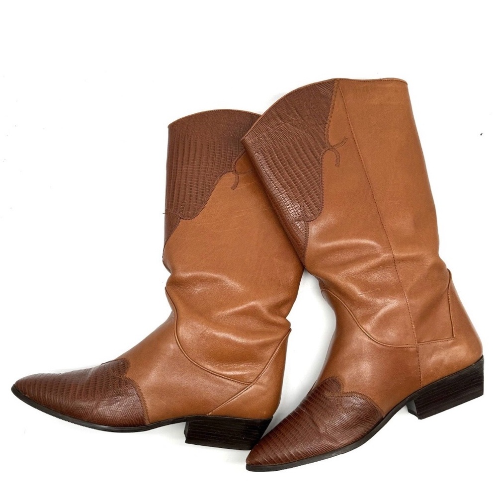 Nine West Brown Leather Western Boots Sz 9 Snakeskin Embossed Mid Calf - Picture 2 of 7